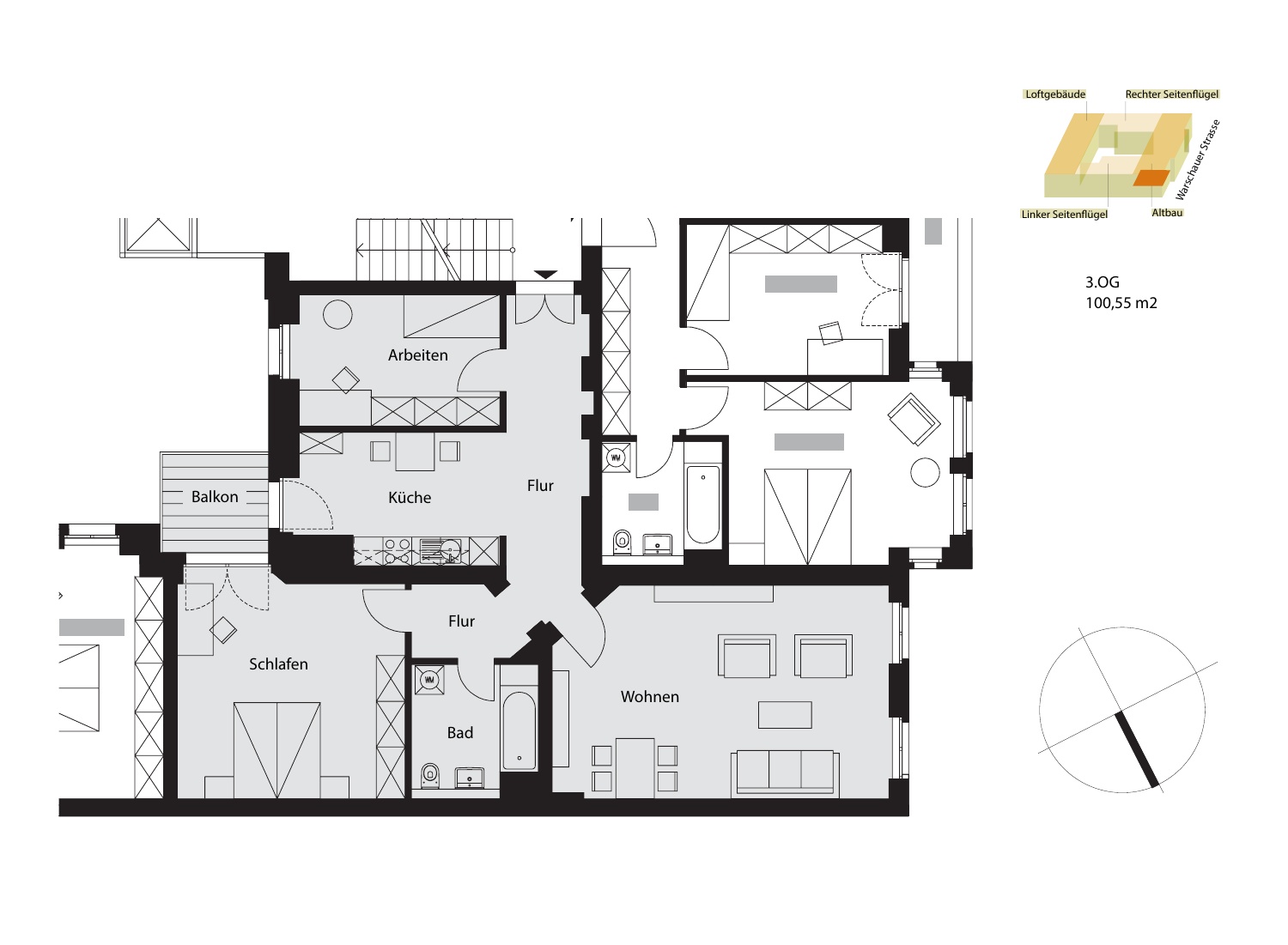 Originalgrundriss: markierte Wohnung mit Wohnen, Schlafen, Arbeiten, Küche, Bad, Fluren und Balkon im dritten Obergeschoss